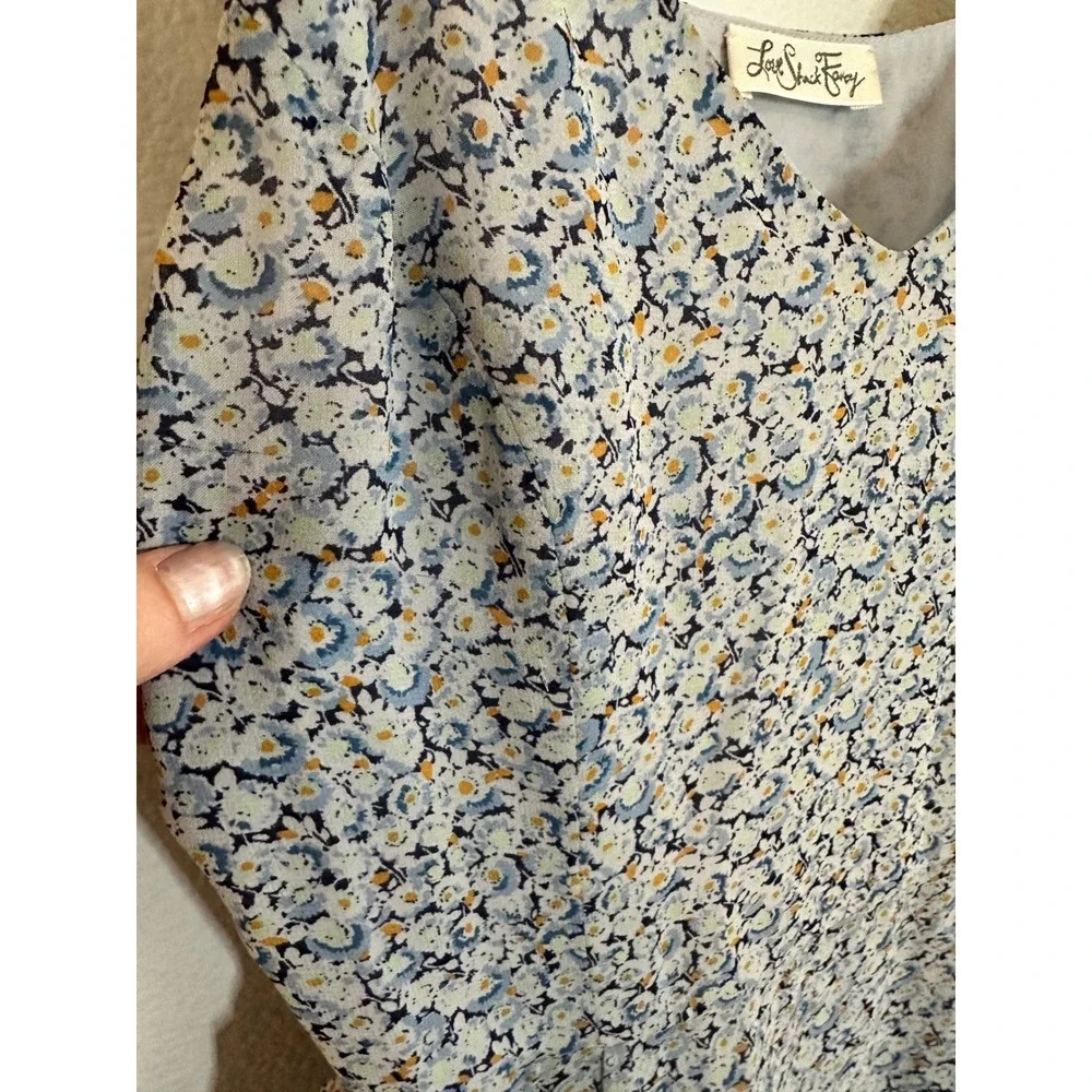LoveShackFancy Silk‎ Midi Dress Size 4 Blue Floral Ruffle High-Low Romantic Boho
